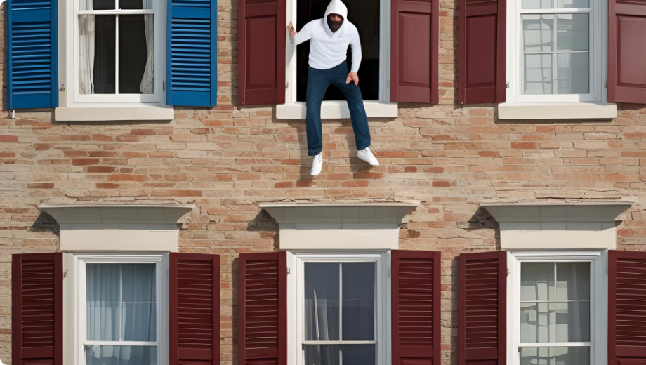 Das Bild zeigt einen Hacker im Beispiel mit den Fenstern, wie er durch ein offenes Fenster in ein Unternehmen einsteigt, dass quasi eine Sicherheitslücke noch offen hat.