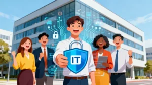 Das Bild zeigt Leute die das IT-Sicherheitsschloss stolz zeigen, weil Ihre IT durch ein passendes Konzept nun sicher ist.