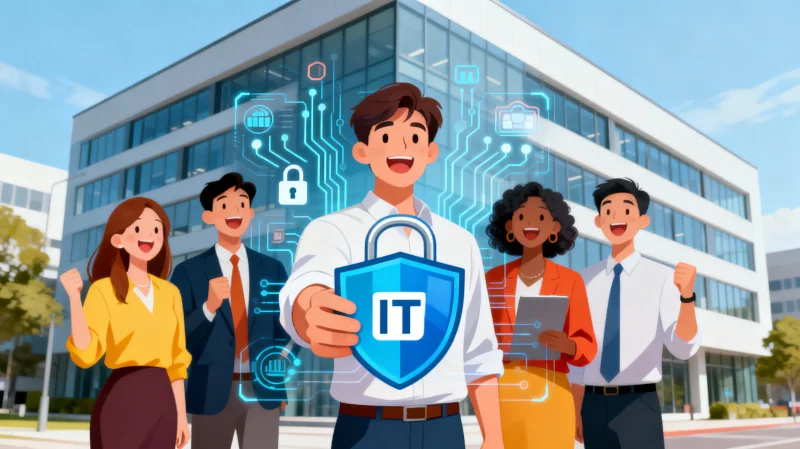 Das Bild zeigt Leute die das IT-Sicherheitsschloss stolz zeigen, weil Ihre IT durch ein passendes Konzept nun sicher ist.